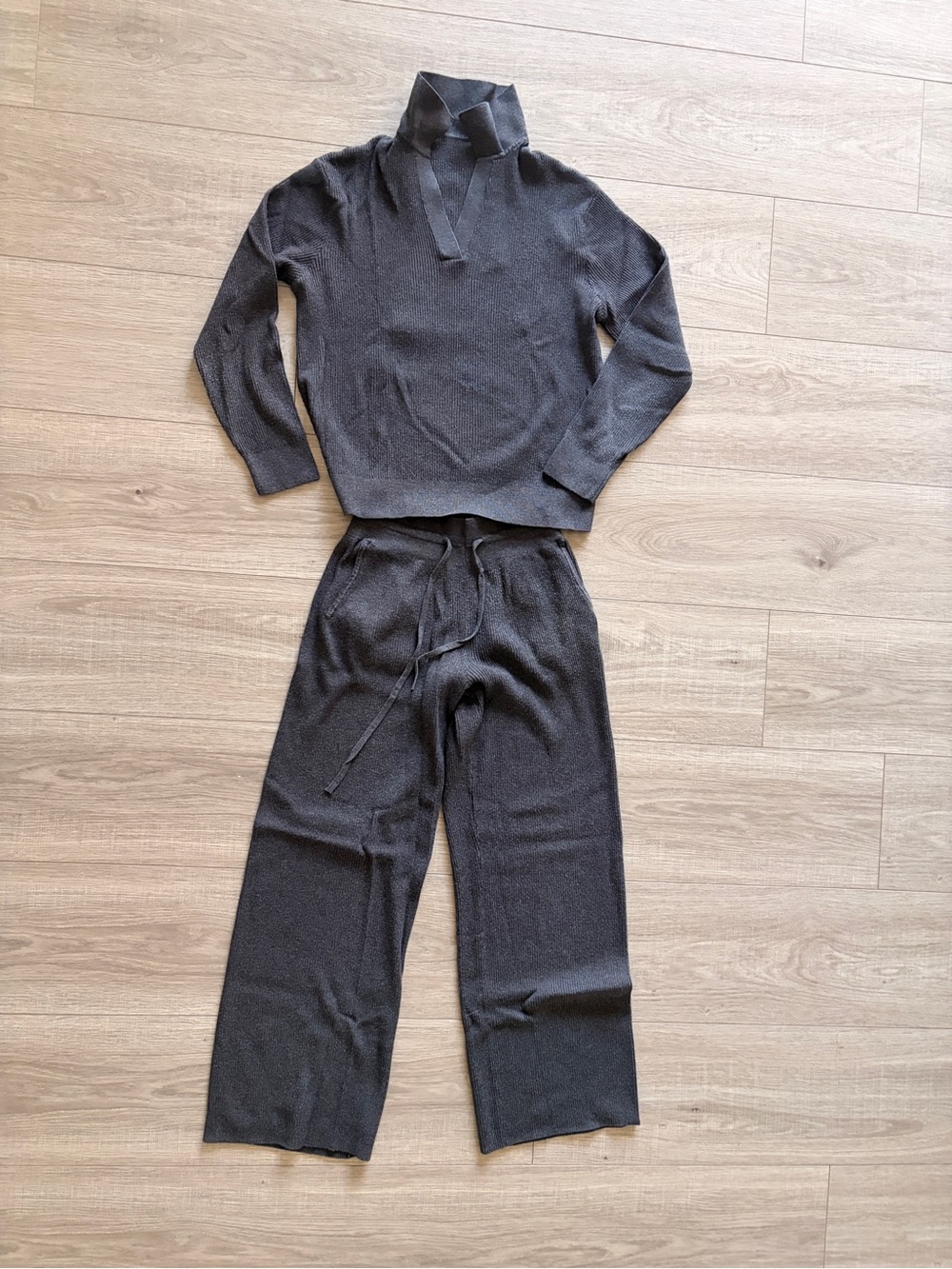 UNIQLO Ribbed Knit 2 Piece Set Sweater Wide Leg Pants Charcoal M